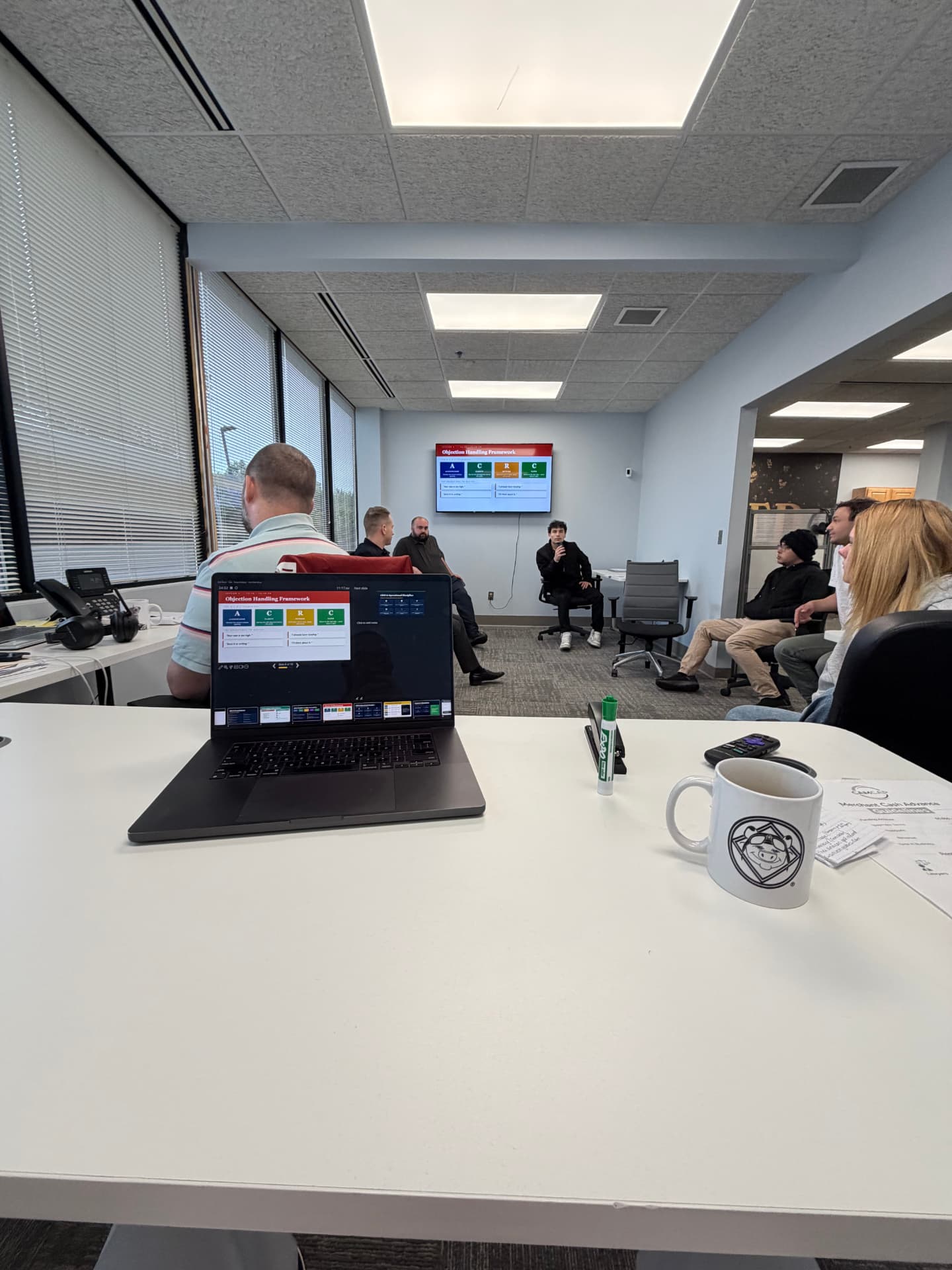 CamCap team in a group training session reviewing the objection handling framework