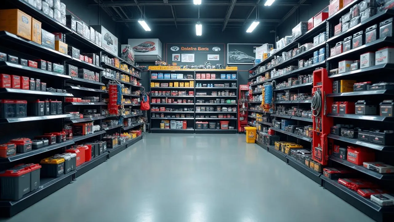 Modern auto parts store with organized inventory