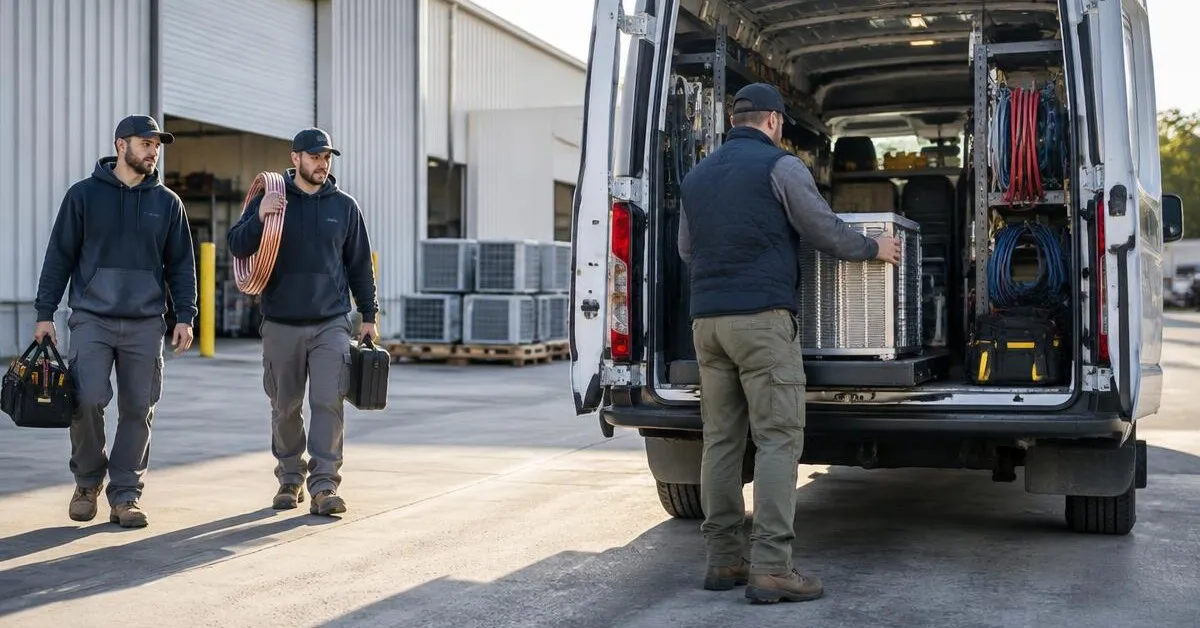 HVAC contractor's service van parked at a job site