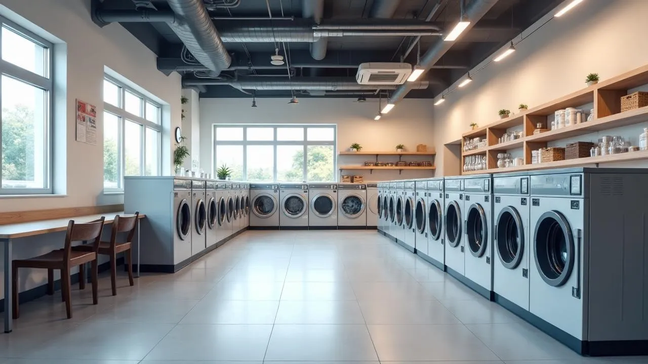 Modern laundromat with commercial washing equipment