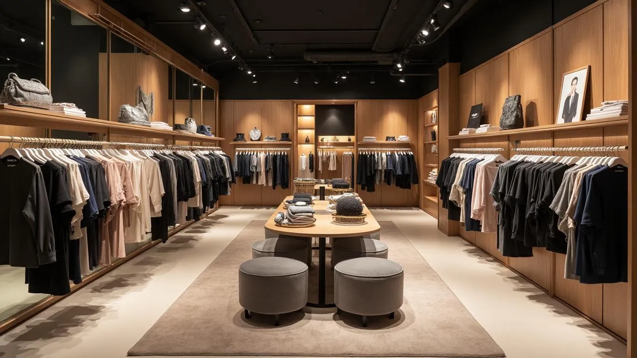 Modern clothing boutique with fashion displays