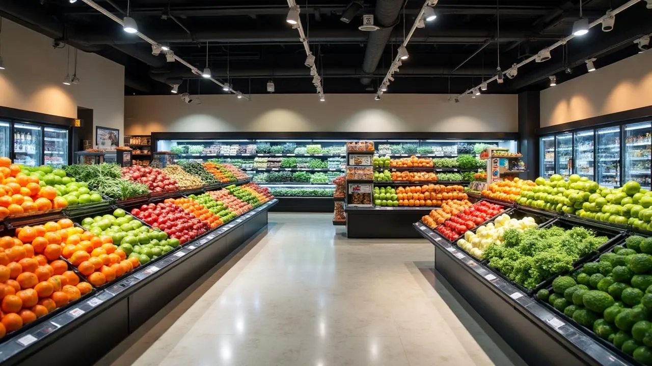 Modern grocery store with fresh produce displays